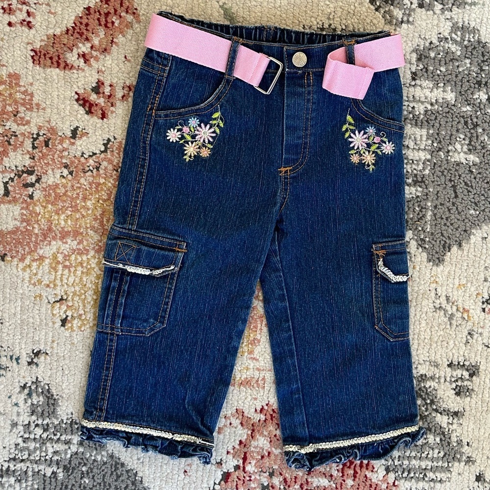 Y2K 3T Toddler Girls Floral & Sequins Embroidered Denim Jeans with Belt